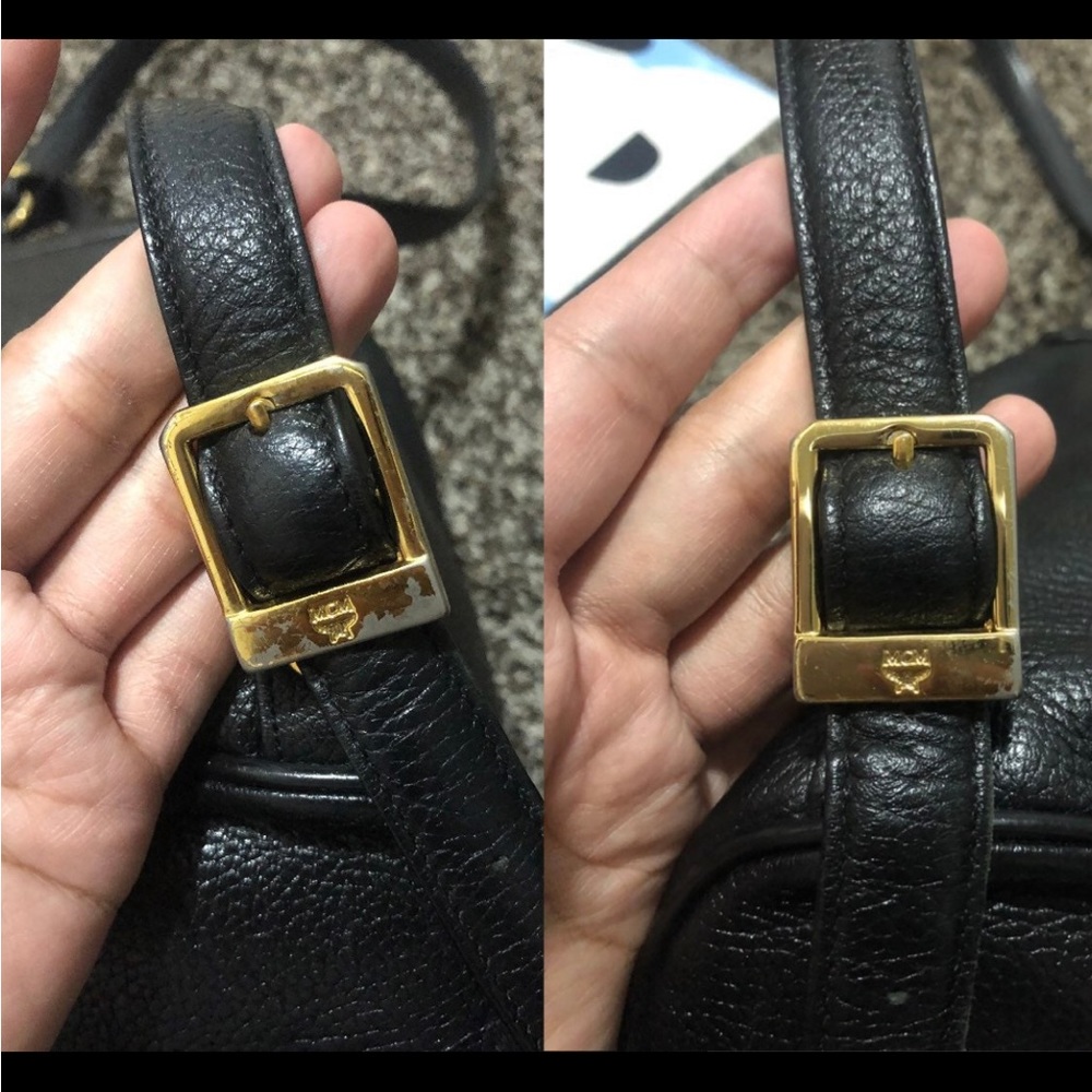 MCM Black Pebbled Leather Drawstring Backpack with Gold Hardware - Picture 6 of 6